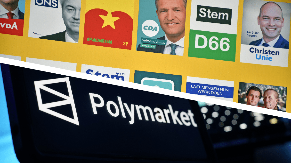 Een split image van polymarket en nederlandse verkiezingen