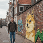 Jongeman loop top straat langs Dogecoin grafiti