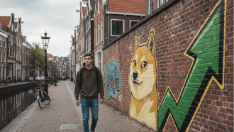 Jongeman loop top straat langs Dogecoin grafiti