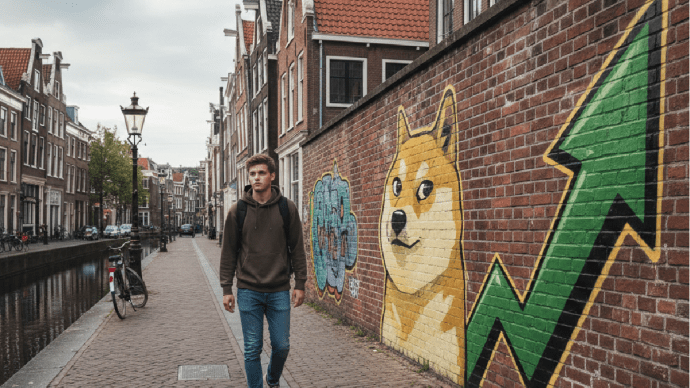 Jongeman loop top straat langs Dogecoin grafiti