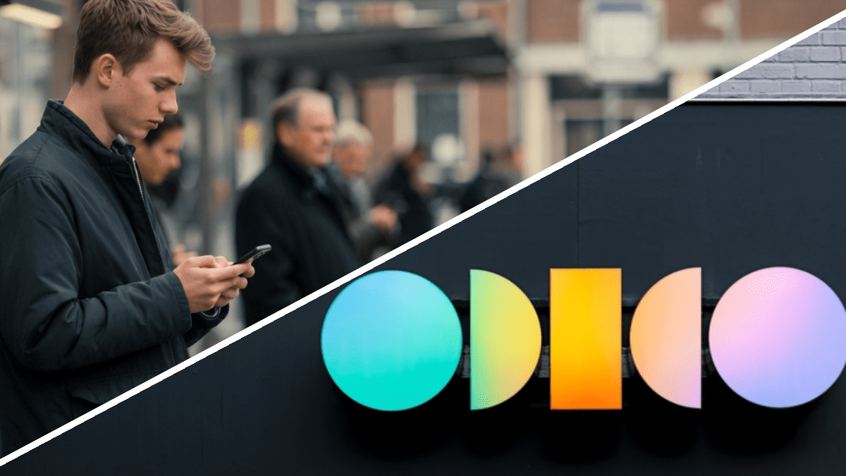 Split image van jongen op telefoon (AI illustratie) en Odido logo