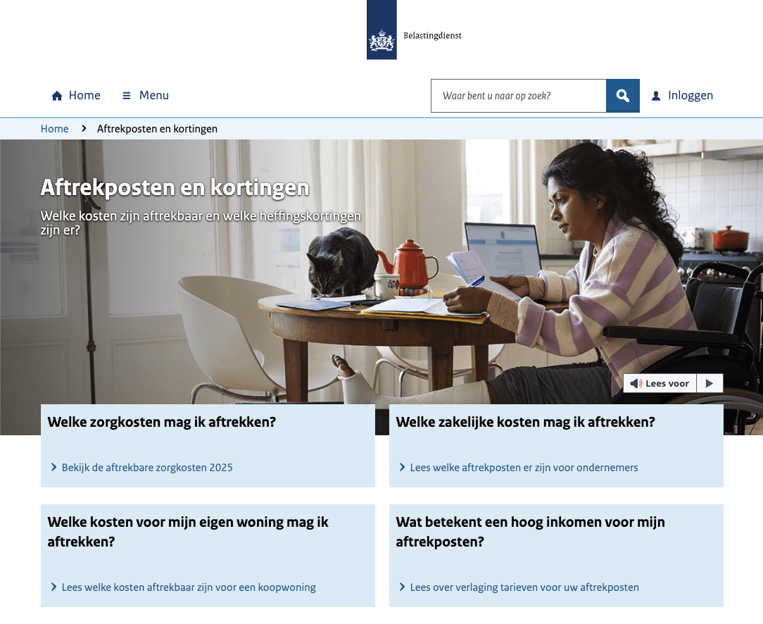 De Belastingdienst heeft een pagina waarop alle aftrekposten en kortingen worden uitgelegd.