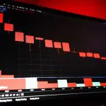 Een afbeelding van een dalende rode grafiek met marktdata op een computerscherm