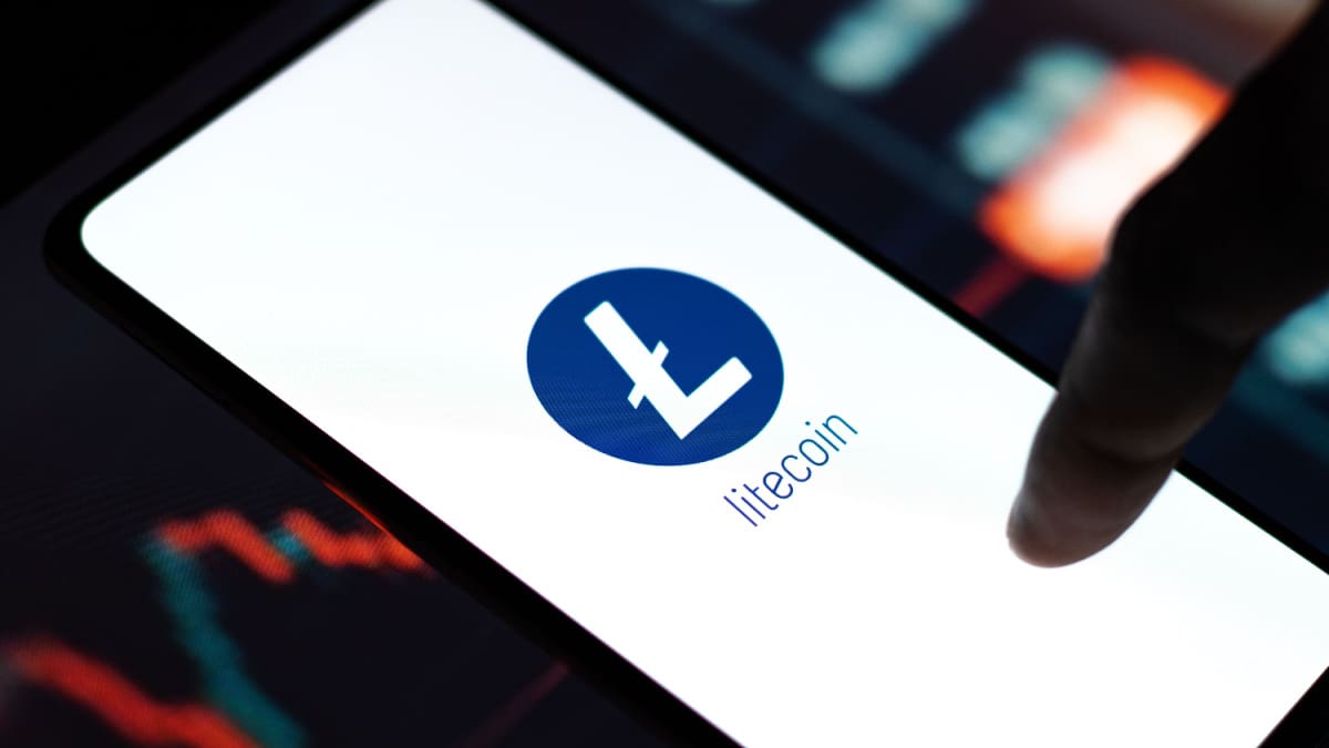 Een afbeelding van het logo van Litecoin (LTC) met een koers op de achtergrond