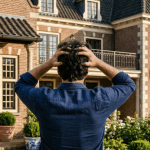 Man staat voor huis en baalt