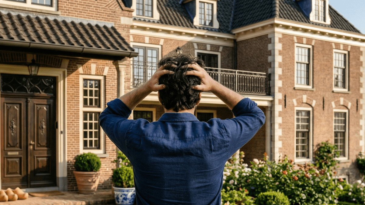 Man staat voor huis en baalt
