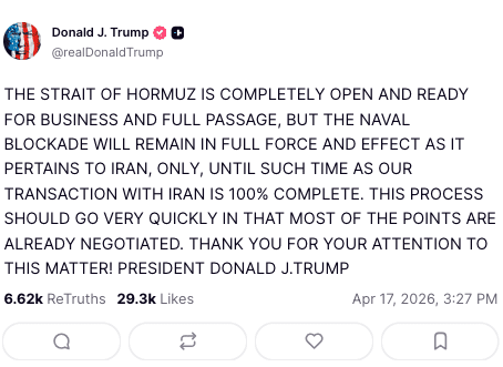 Trumps post op Truth Social. Bron: @realdonaldtrump / Truth Social