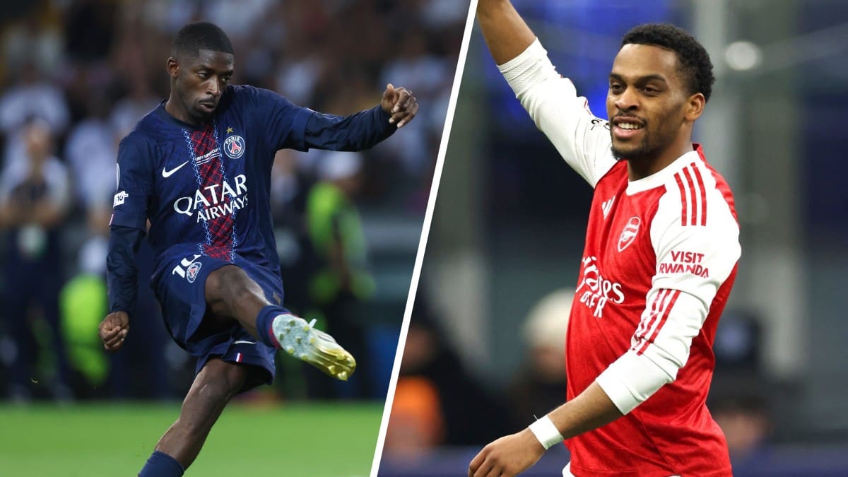 Dembele links en Timber rechts, PSG versus Arsenal