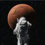 Een afbeelding van een Astronaut die naar Mars aan het kijken is
