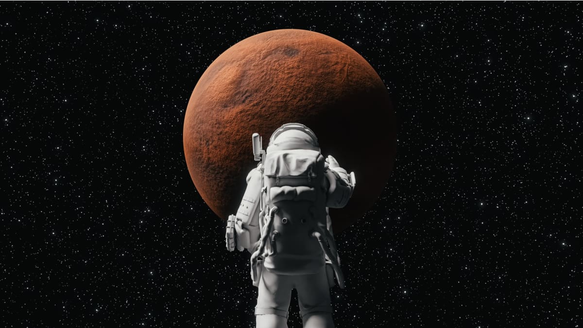 Een afbeelding van een Astronaut die naar Mars aan het kijken is