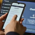 Een afbeelding van een mobiele telefoon met daarop ChatGPT, en een laptop met daarop ChatGPT