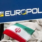 Een split afbeelding van Europol en een vlag van Iran