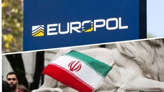 Een split afbeelding van Europol en een vlag van Iran