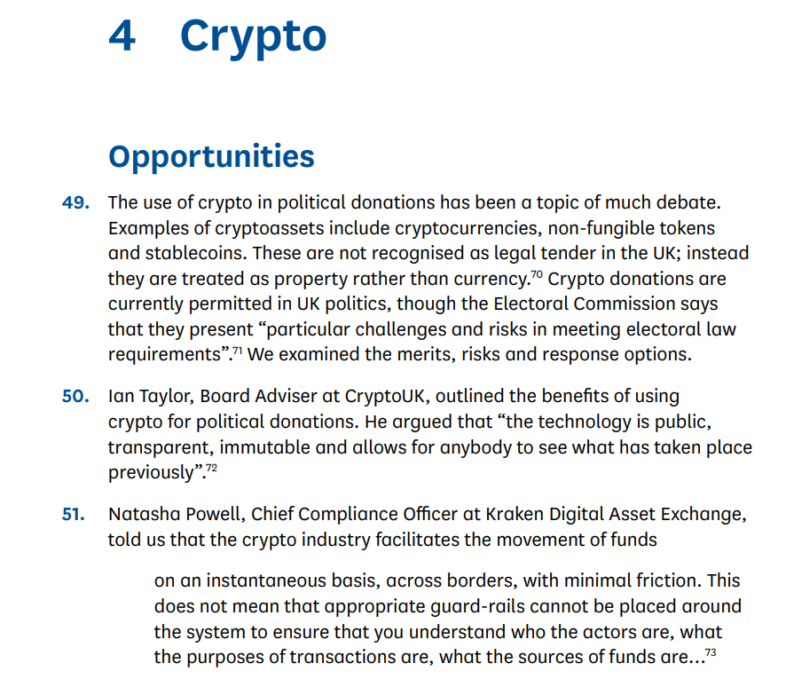 Britse commissie waarschuwt voor risico&rsquo;s van cryptodonaties binnen de politiek. 