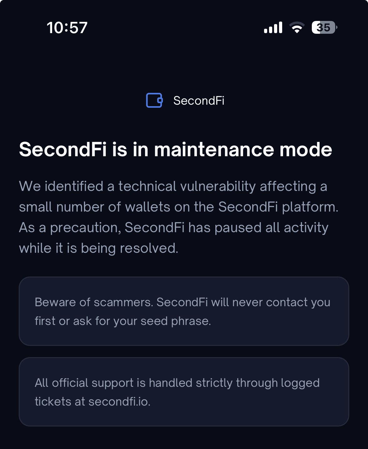 De melding die te zien is in de SecondFi app.