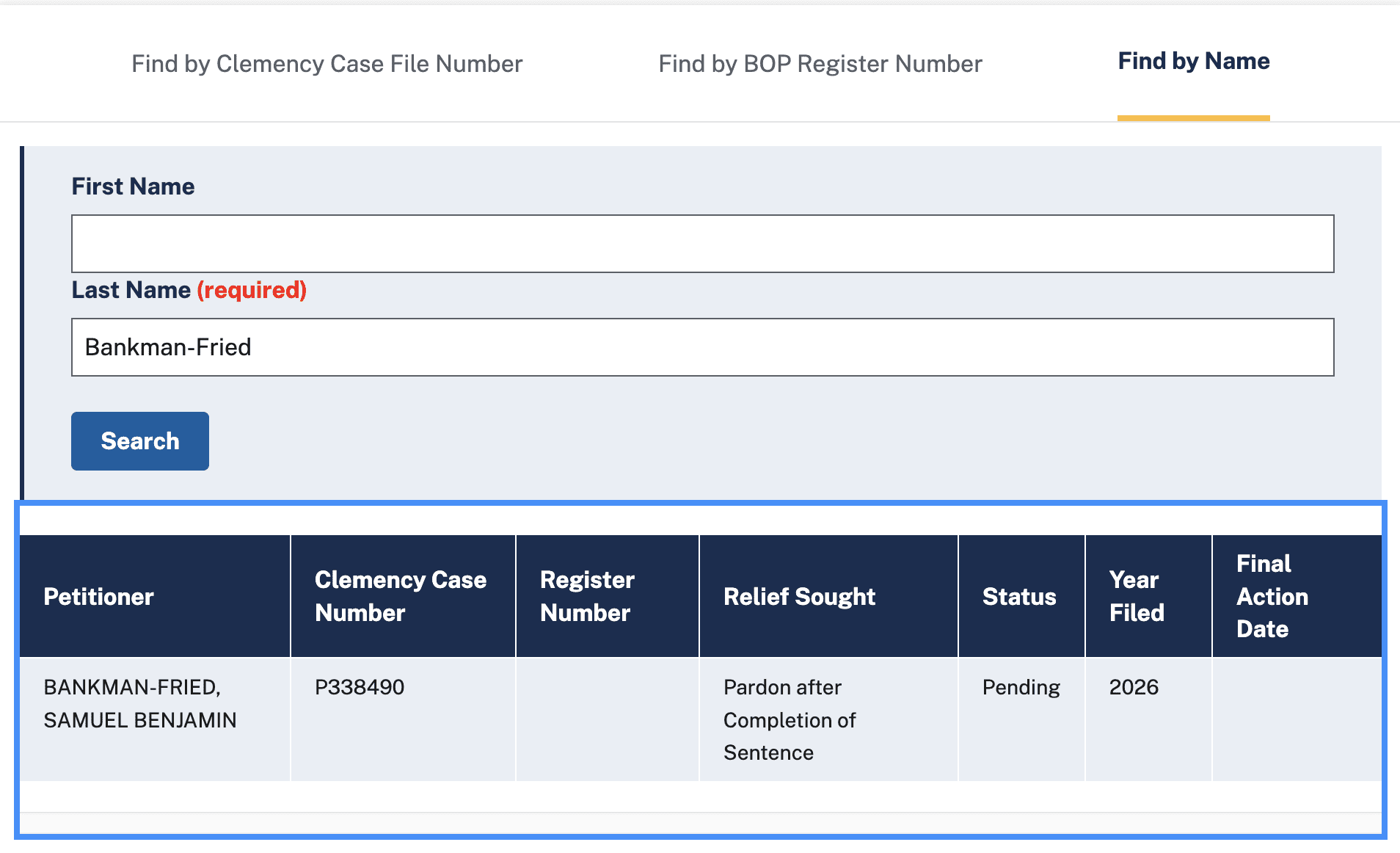 Een screenshot van de lopende aanvraag van SBF. Bron: Office of the Pardon Attorney